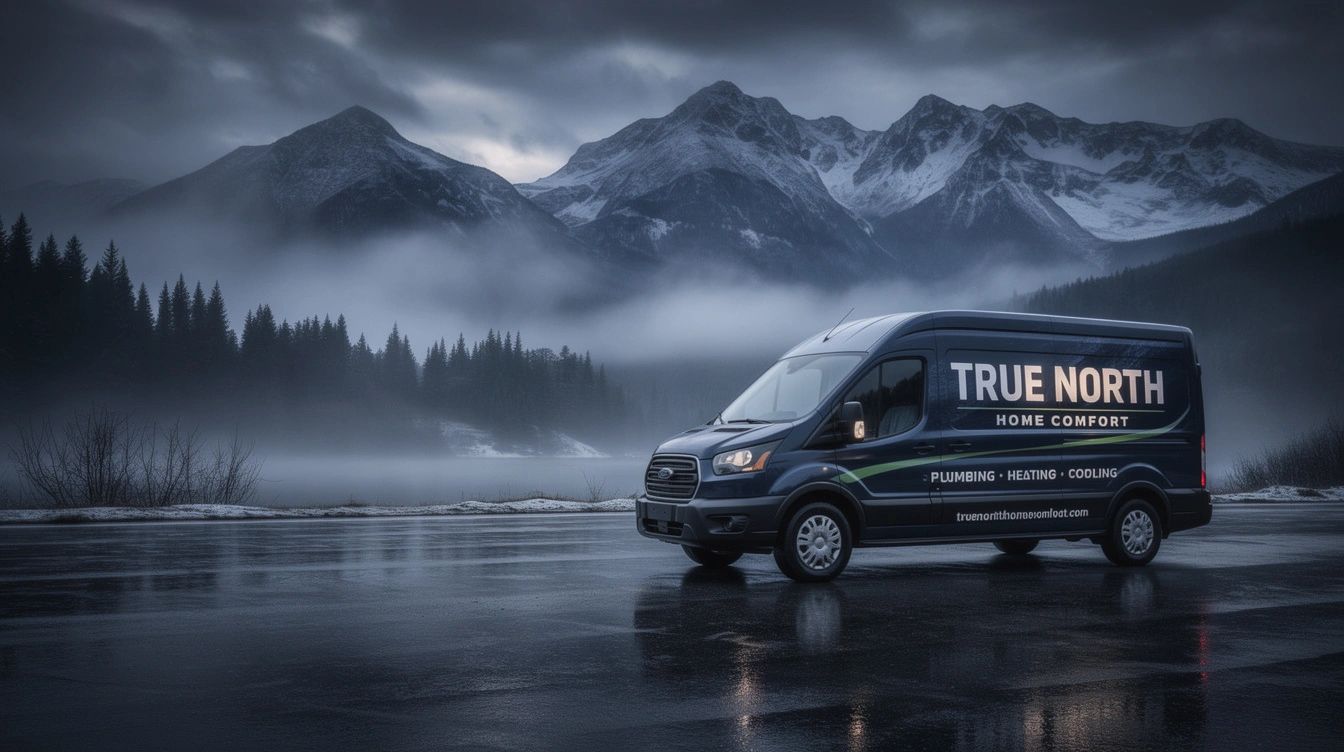 True North Home Comfort branded service van in front of a warm-lit Maine home at dusk with mountains
